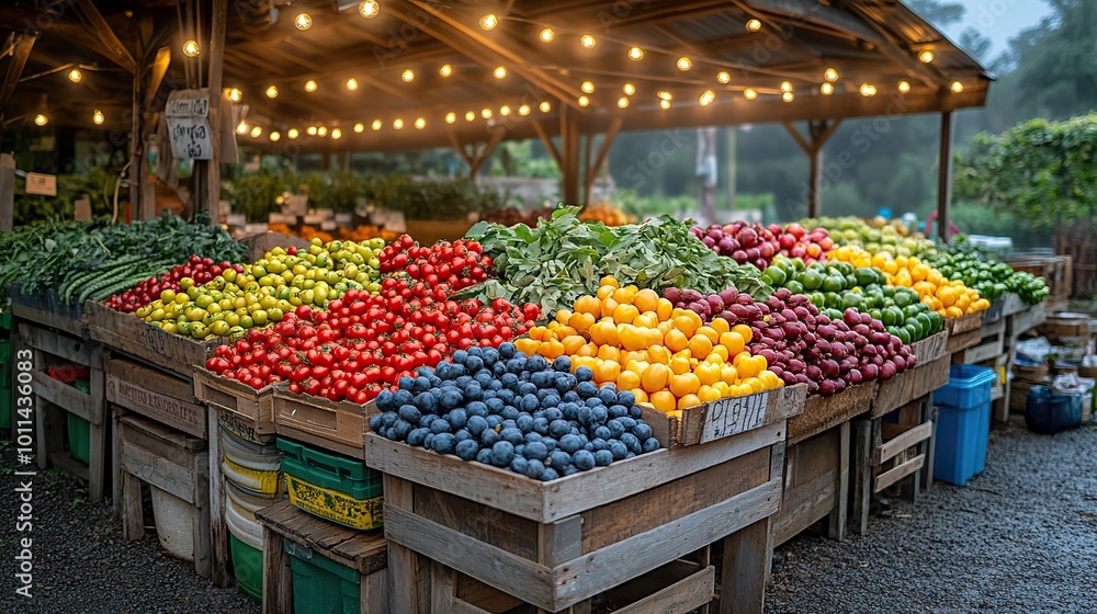 Obraz premium a vibrant farmer s market at dusk showcasing fresh produce under string lights embodying the farm to table concept