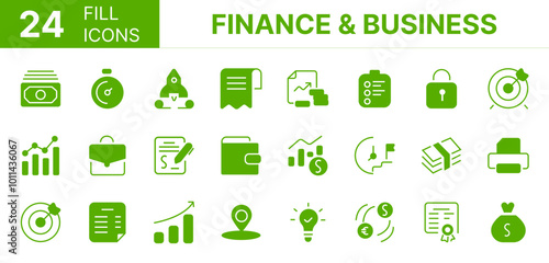 Collection of 24 Finance & Business fill icons featuring editable strokes. These outline icons depict various modes of Finance & Business, bank, set, money, target, growth, vector, web, 