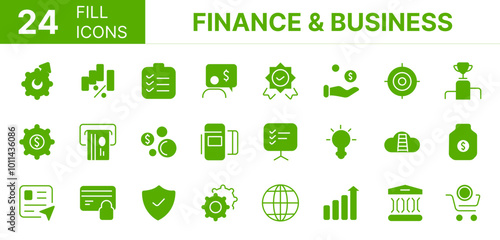 Collection of 24 Finance & Business fill icons featuring editable strokes. These outline icons depict various modes of Finance & Business, bank, set, money, target, growth, vector, web, 