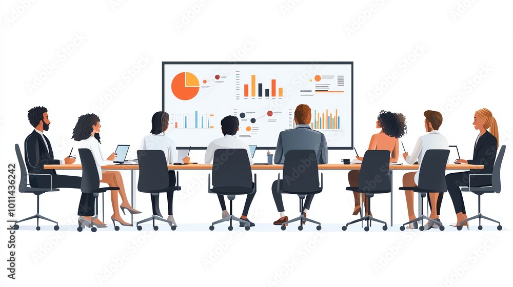 A diverse group of professionals in a meeting, analyzing data with presentations and charts on a large screen, fostering collaboration. A diverse group of professionals in a meeting, analyzing data with presentations and charts on a large screen, fostering collaboration.