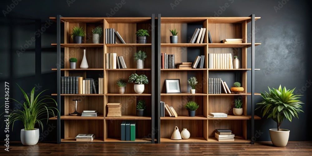 Interior decor inspiration Close up of stylish art-filled bookshelf over black background Interior decor inspiration Close up of stylish art-filled bookshelf over black background