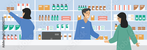 Pharmacist in the drug store. Druggist sell medicine. Drugstore cashier. People buy medicine. People need medicine. Pharmacy store. Pharmacy mart. Cosmetics store. Apothecary. Dispensary.