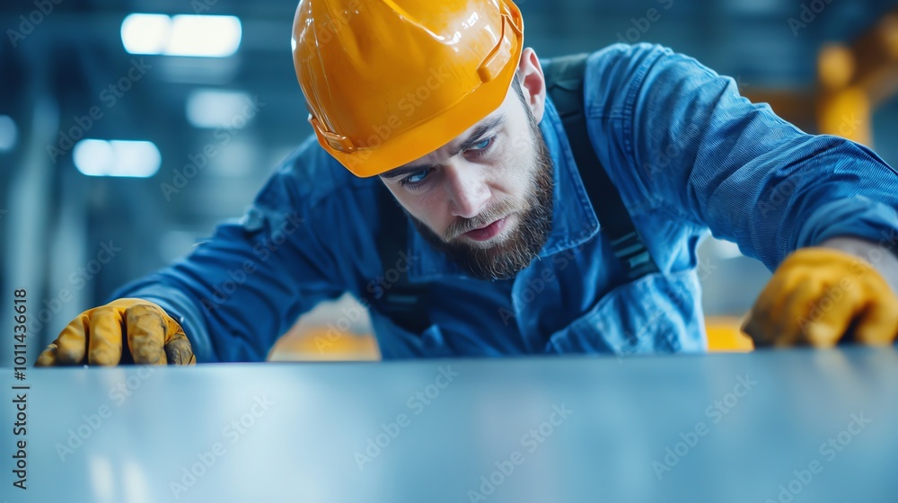 A worker examining a sheet of metal for flaws under bright inspection lights, sideangle view, sharp focus A worker examining a sheet of metal for flaws under bright inspection lights, sideangle view, sharp focus