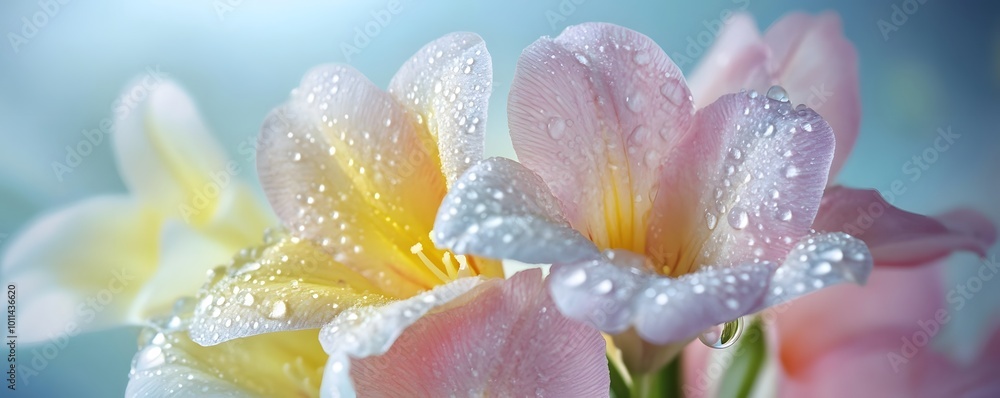 Fototapeta premium A close-up of pastel-colored freesias with droplets of water