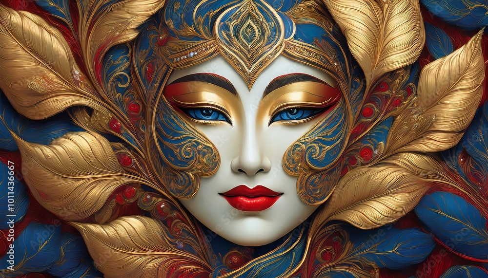 The gold and red Thai pattern has alternating dark blue leaves with beautiful white woman The gold and red Thai pattern has alternating dark blue leaves with beautiful white woman