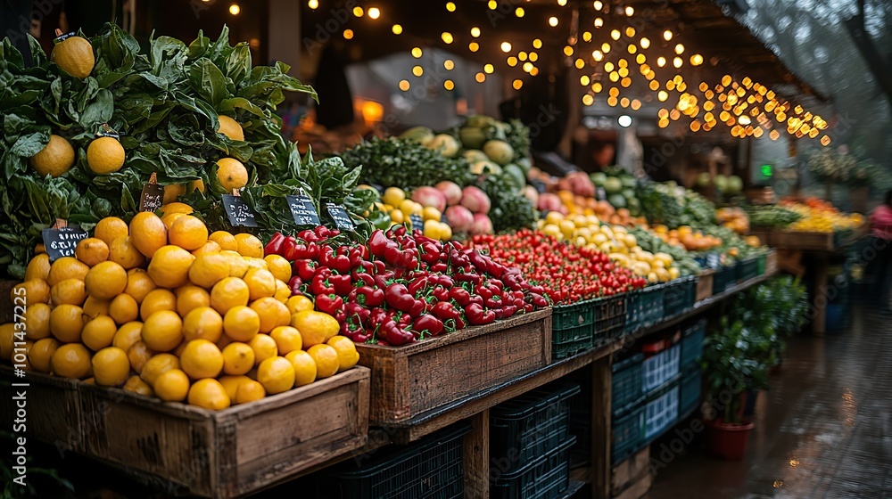 a vibrant market scene with fresh produce ,string lights evoking lively community oriented atmosphere a vibrant market scene with fresh produce ,string lights evoking lively community oriented atmosphere