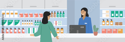 People buy medicine in drugstore. Pharmacy store. Pharmacy cashier. Drug store illustration. Minimarket.