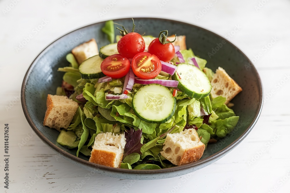 a bowl containing a fresh green salad with bread cubes and a tasty selection of vegetables a bowl containing a fresh green salad with bread cubes and a tasty selection of vegetables