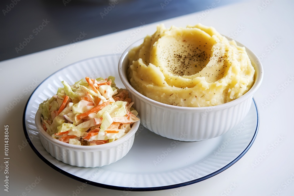 a bowl of mashed potatoes and a plate of coleslaw salad a bowl of mashed potatoes and a plate of coleslaw salad