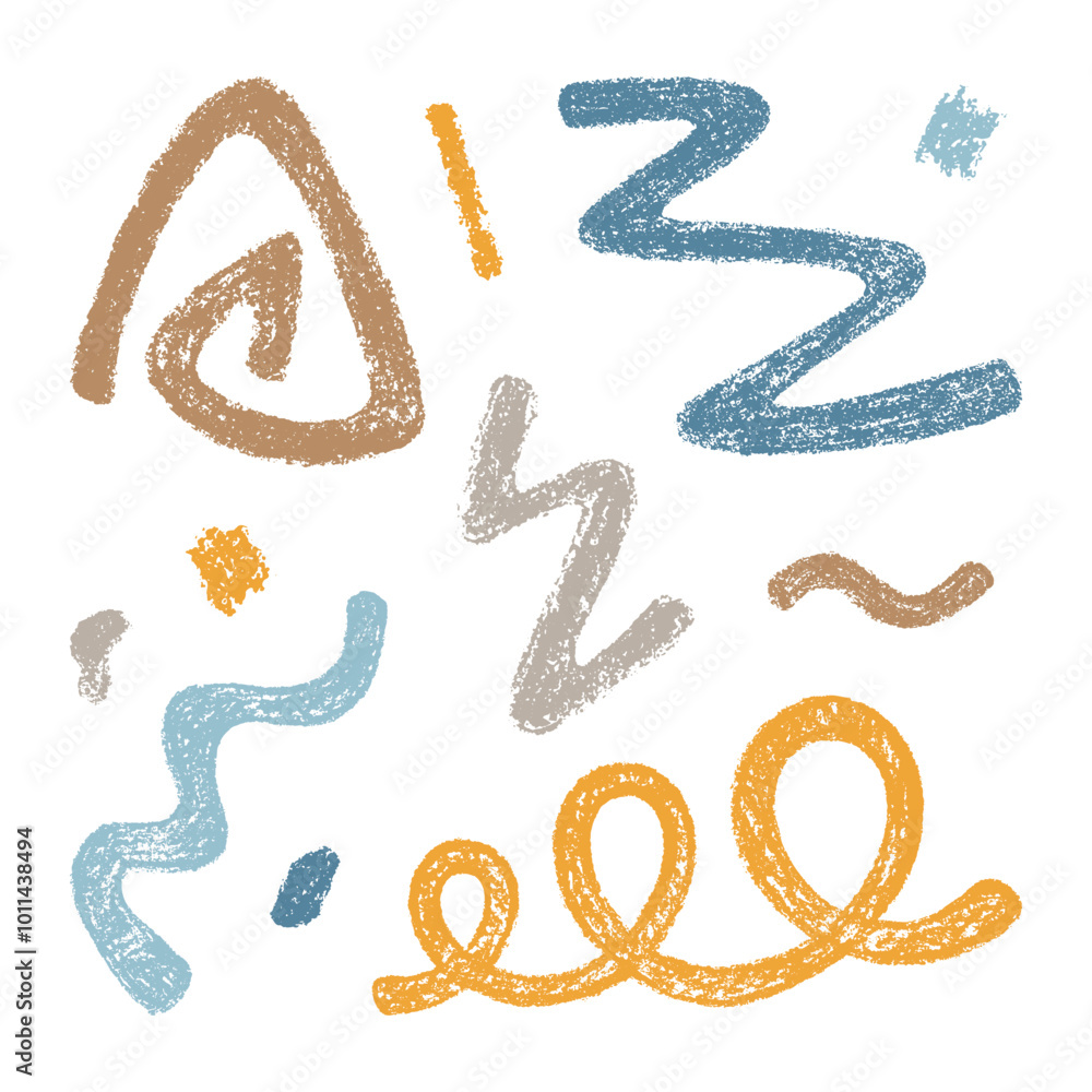 Set of Design Elements Hand-drawn Blue, Brown and Yellow Scrawls Isolated on White Backdrop. Style of Children's Drawing. Set of Design Elements Hand-drawn Blue, Brown and Yellow Scrawls Isolated on White Backdrop. Style of Children's Drawing.