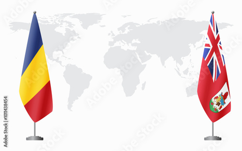 Romania and Bermuda flags for official meeting against background of world map.