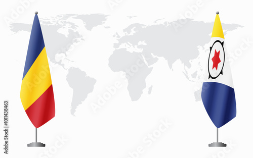 Romania and Bonaire flags for official meeting against background of world map.