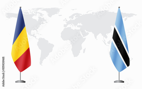 Romania and Botswana flags for official meeting against background of world map.