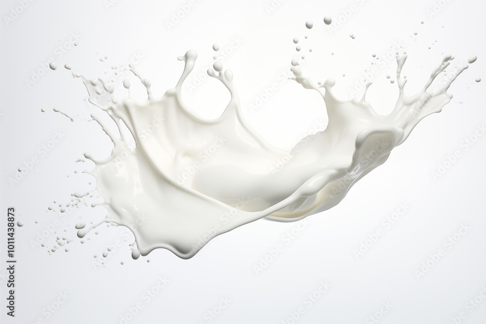A highly detailed and photorealistic splash of milk frozen mid-air, with every droplet visible and the smooth texture of the liquid highlighted against the pure white background. A highly detailed and photorealistic splash of milk frozen mid-air, with every droplet visible and the smooth texture of the liquid highlighted against the pure white background.