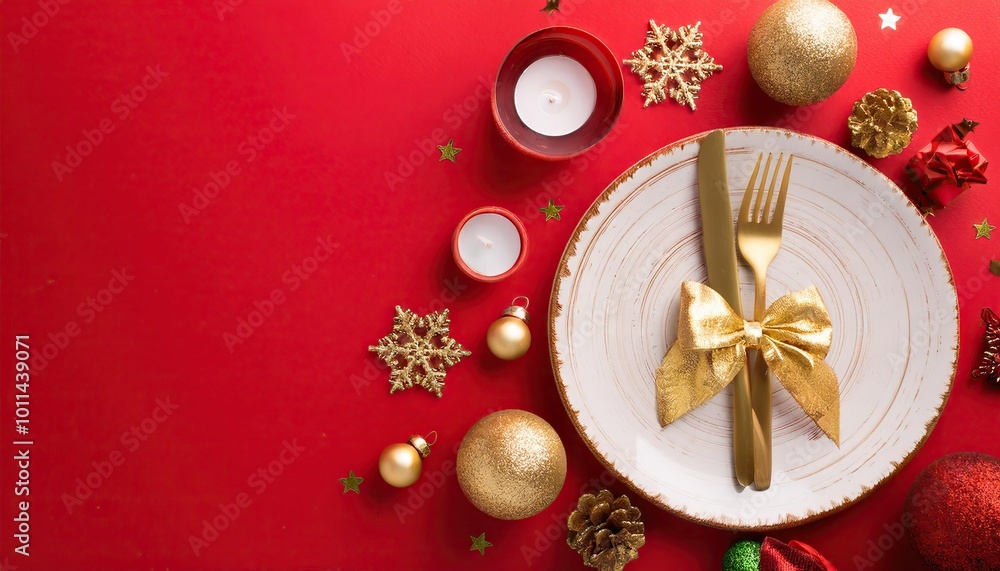 Top view of sophisticated New Year's family dinner table arrangement Top view of sophisticated New Year's family dinner table arrangement