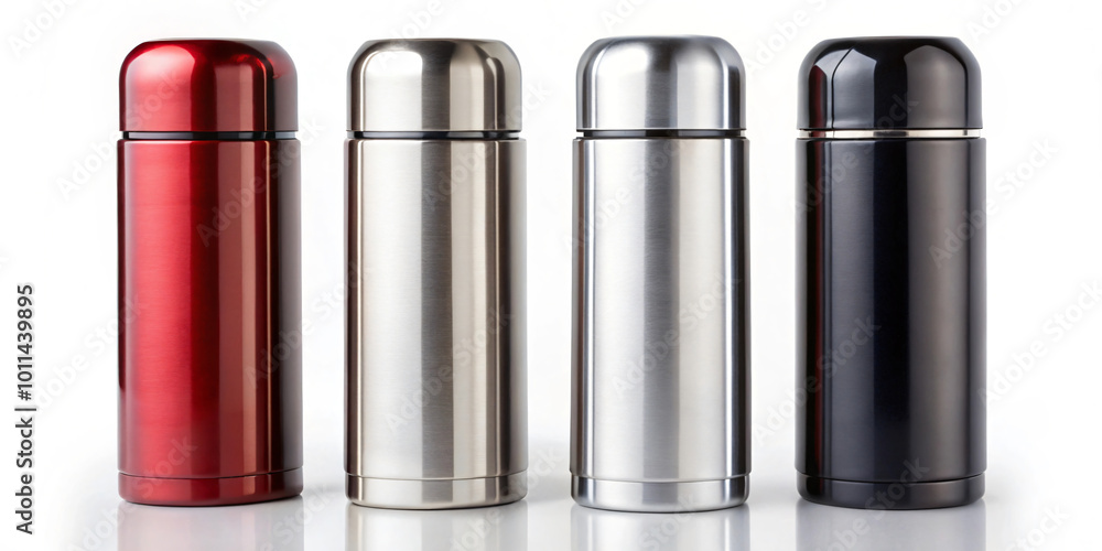 A row of metal water bottles with different colors and sizes. The bottles are lined up A row of metal water bottles with different colors and sizes. The bottles are lined up