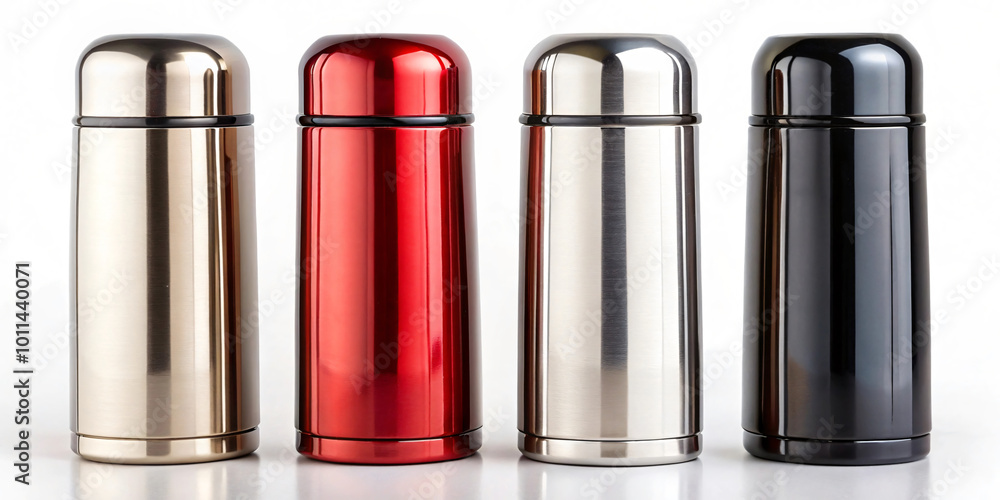 A row of metal water bottles with different colors and sizes. The bottles are lined up A row of metal water bottles with different colors and sizes. The bottles are lined up