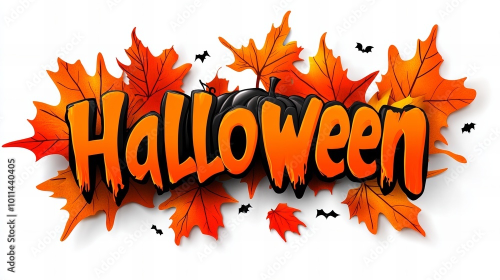 A festive Halloween greeting with orange leaves and bats. A festive Halloween greeting with orange leaves and bats.