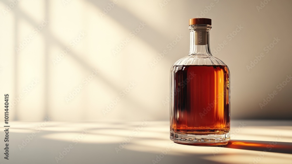 A glass bottle filled with amber liquid, casting shadows on a surface. A glass bottle filled with amber liquid, casting shadows on a surface.