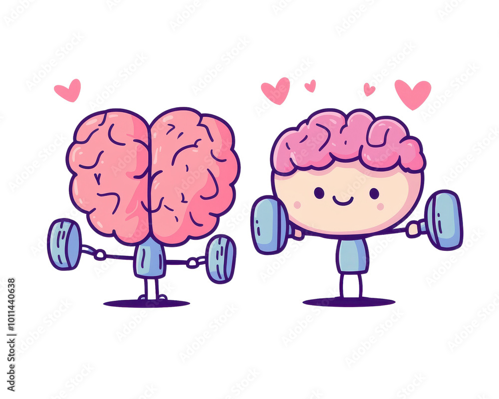 Cute illustration of a brain lifting weights, joyful concept. Cute illustration of a brain lifting weights, joyful concept.
