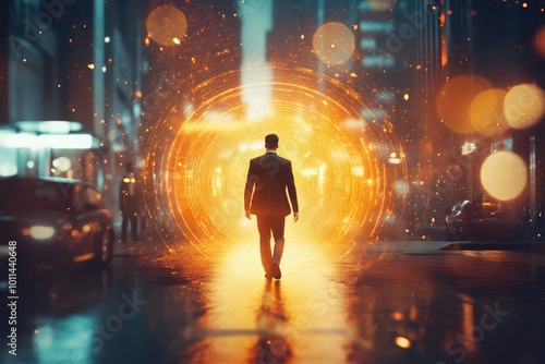 A lone figure in a suit strides confidently toward a swirling, vortex-like light surrounded by a dimly lit urban street filled with cars and ambient lights.