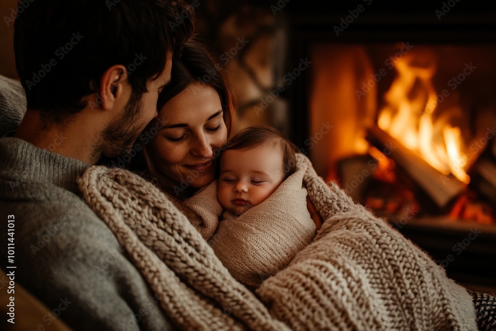 A serene family scene of parents holding their peacefully sleeping baby wrapped in a soft knit blanket by a glowing fireplace, epitomizing familial love and warmth. A serene family scene of parents holding their peacefully sleeping baby wrapped in a soft knit blanket by a glowing fireplace, epitomizing familial love and warmth.