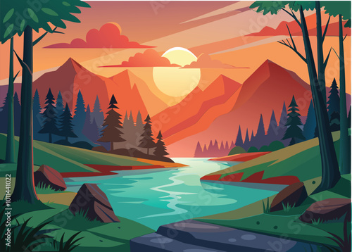 Landscape scene of forest with river and the sun going down illustration
