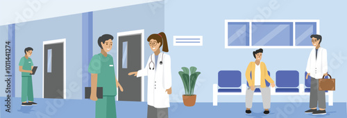 Hospital activity. Hospital hall illustration. Hospital corridor. Hospital waiting room. Doctor talking with nurse. Clinic activity. Clinic room. Doctor room. Medical center. Nursing services.