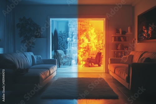 A modern living room artistically split in half; one side calm and cool, the other vibrant and ablaze, depicting stark contrast between serenity and chaos.