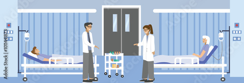 Hospital ward illustration. Hospital bed. Doctor check patient condition in the hospital room. Doctor discuss about patient condition. Medical center. Nursing service.