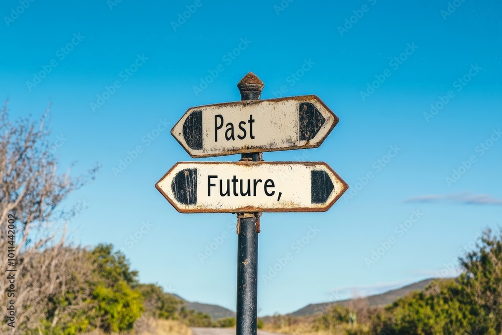 A rustic signpost with arrows pointing towards the past and future stands against a clear blue sky, evoking themes of choice, reflection, and life's journey. A rustic signpost with arrows pointing towards the past and future stands against a clear blue sky, evoking themes of choice, reflection, and life's journey.