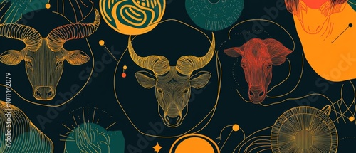 A colorful image of four different cow faces with a yellow background photo