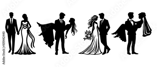 Bride and groom silhouettes. Wedding silhouette black filled vector Illustration icon. 
