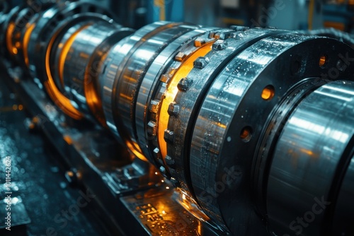 Industrial Machinery with Metallic Gears and Orange Illumination