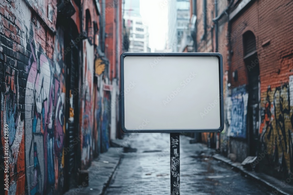 Naklejka premium A blank sign sits in a narrow alleyway covered with graffiti and urban art, with red brick walls, creating a stark contrast against the lively street art backdrop.