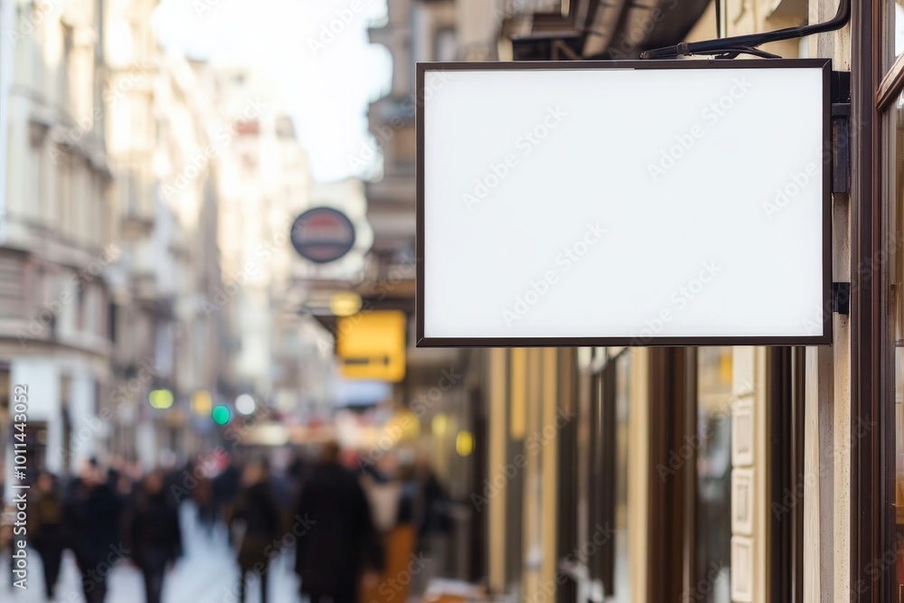 A blank rectangular signboard on a busy city street offers potential for advertising or branding, reflecting a lively urban atmosphere and modern design. A blank rectangular signboard on a busy city street offers potential for advertising or branding, reflecting a lively urban atmosphere and modern design.