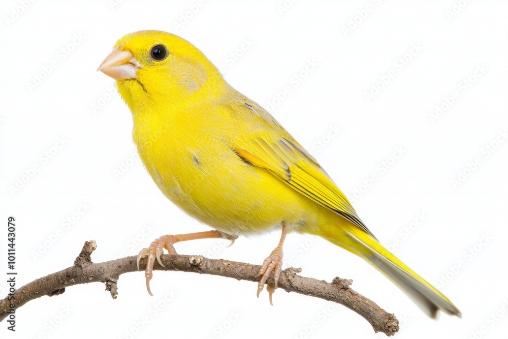Fototapeta premium canary displays its striking yellow plumage while perched on a twig. This small bird brings a touch of nature's beauty to a simple, white background.
