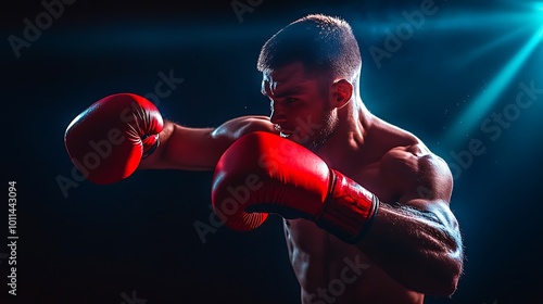 A boxer shadowboxing with boxing gloves on, captured in motion with dynamic lighting, highlighting the gloves