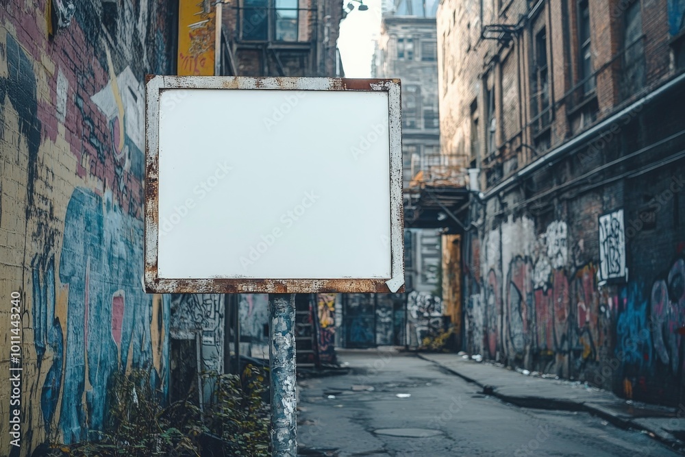 Naklejka premium An old and weathered street sign resides in a bustling city alley, enveloped by dynamic graffiti art splashed across brick walls, reflecting urban creativity and diversity.