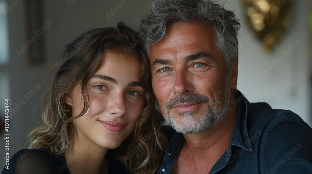 A photo of an attractive middle-aged French man with short grey hair and light stubble, posing for the camera next to his beautiful daughter in her early twenties A photo of an attractive middle-aged French man with short grey hair and light stubble, posing for the camera next to his beautiful daughter in her early twenties
