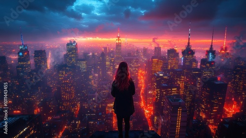 A silhouette gazes over a vibrant, illuminated cityscape at dusk.