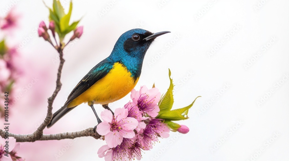 Fototapeta premium Blue and Yellow Bird Perched on Pink Blossoms