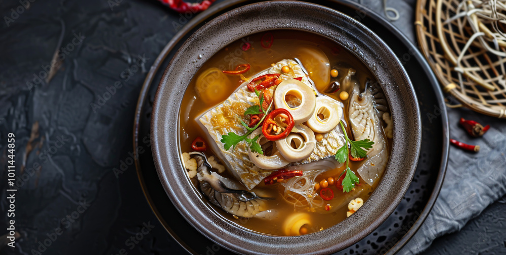 Photo of spicy fish soup with lotus root and shiitake mushrooms in a bowl, top view on a dark background Photo of spicy fish soup with lotus root and shiitake mushrooms in a bowl, top view on a dark background