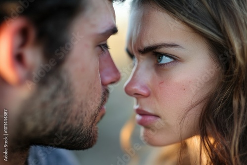 In a close-up shot, a couple stares intensely at each other, their expressions highlighting a heated moment, indicating conflict or a passionate exchange. photo