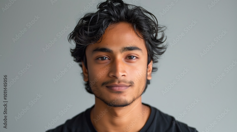 headshot of an attractive young indian man, wearing black shirt, facing the camera