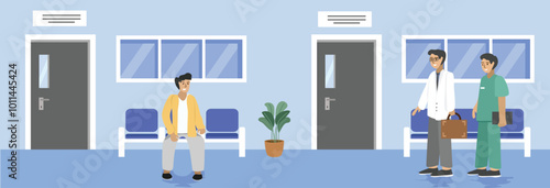 Doctor and nurse walking in the hospital hallway. People waiting in the clinic. Patient waiting in front doctor room. Health care. Public health services. 