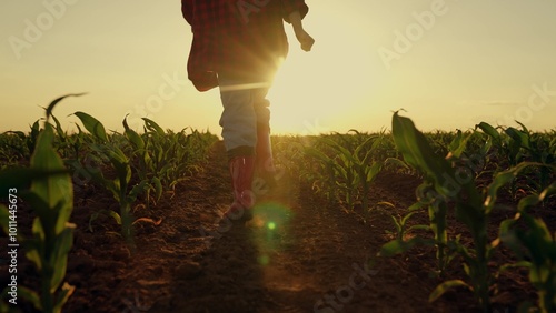 Child farm girl running through corn field at sunset. Girl child enjoying happy childhood slow motion. Child run in rubber boots through green field of sprouts in sun rays. Kid dream playing in nature photo