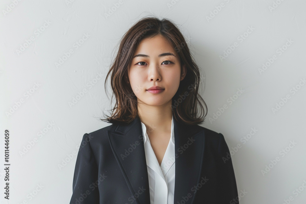Portrait of young woman in business suit, standing and looking at camera Portrait of young woman in business suit, standing and looking at camera