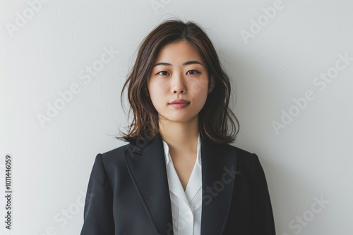 Portrait of young woman in business suit, standing and looking at camera