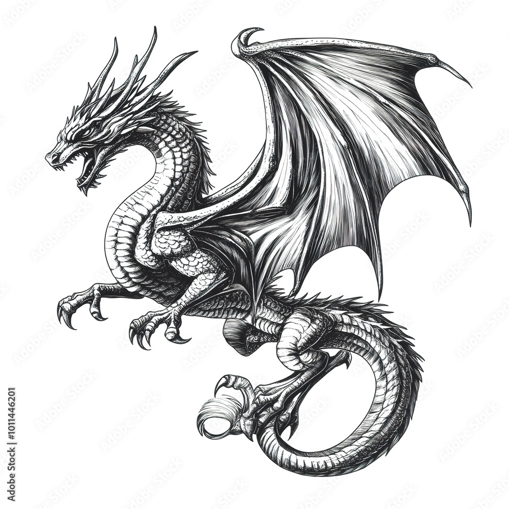 A black and white vector illustration of an ancient dragon tattoo design
A black and white vector illustration of an ancient dragon tattoo design